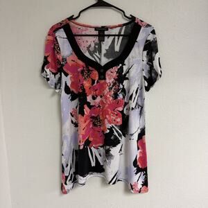 Women's Susan Lawrence Black Multi Color Floral Size L Top